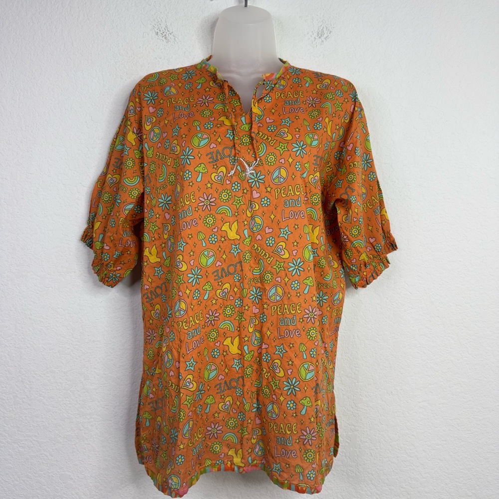 Olga Valentine Shirt Womens 12 Orange Peace Love Floral Boho‎ Hippie Artsy Tunic